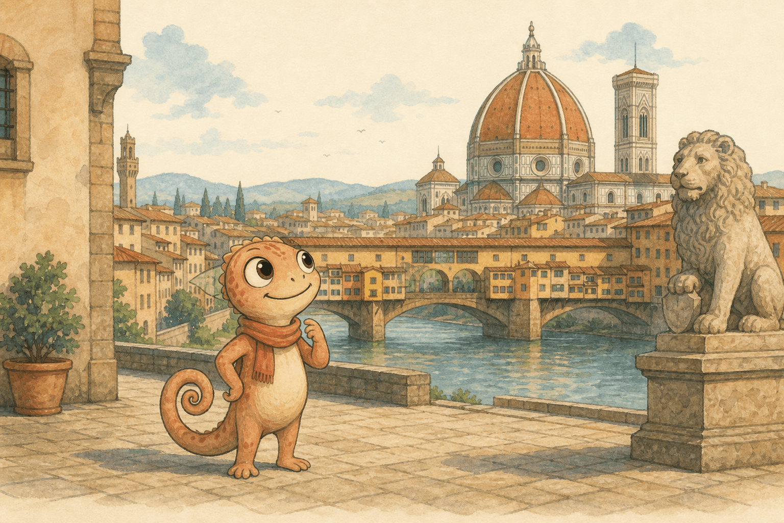 Lino looks towards the Ponte Vecchio and the Florence cathedral dome, a stone lion beside him